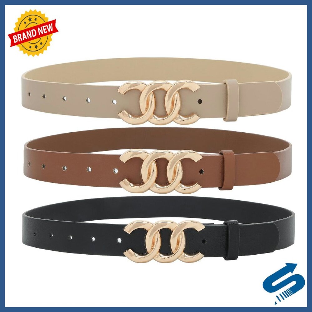 Faux Leather Belt With Gold Buckle For Jeans & Dresses, Cinch Waist